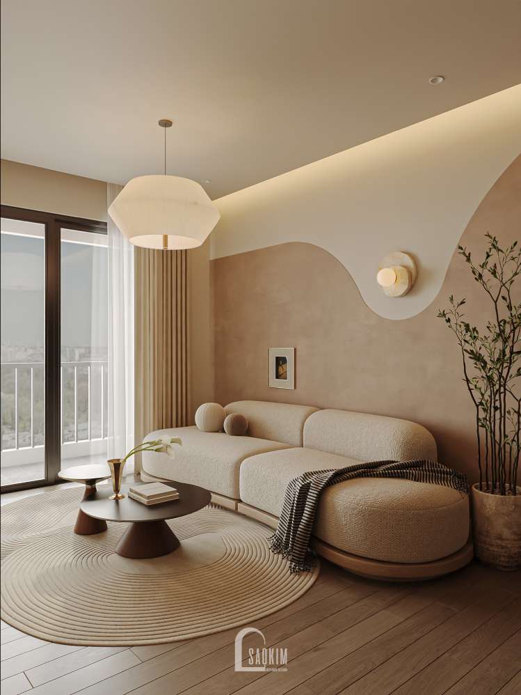 Thiết kế chung cư The Beverly tạo điểm nhấn cho phòng khách bằng sofa mềm mại và bàn trà bo cong tinh tế.